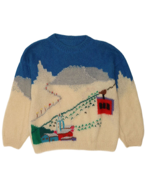 Vintage sweater med rund hals til kvinder UK 16 Large Off White Colourblock