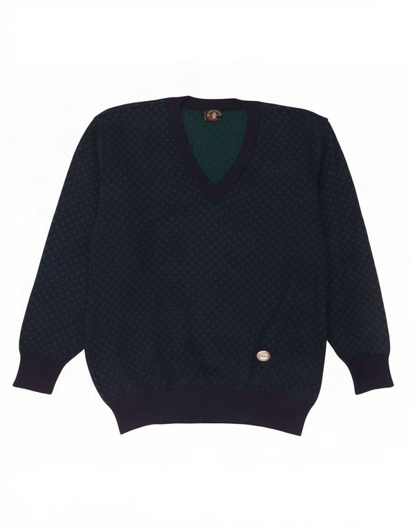 Vintage herre V-hals sweater XL marineblå geometrisk uld