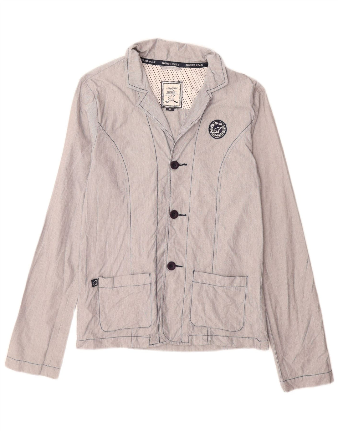 North Pole Dame 3-knaps blazerjakke UK 16 Stor blå nålestribet bomuld