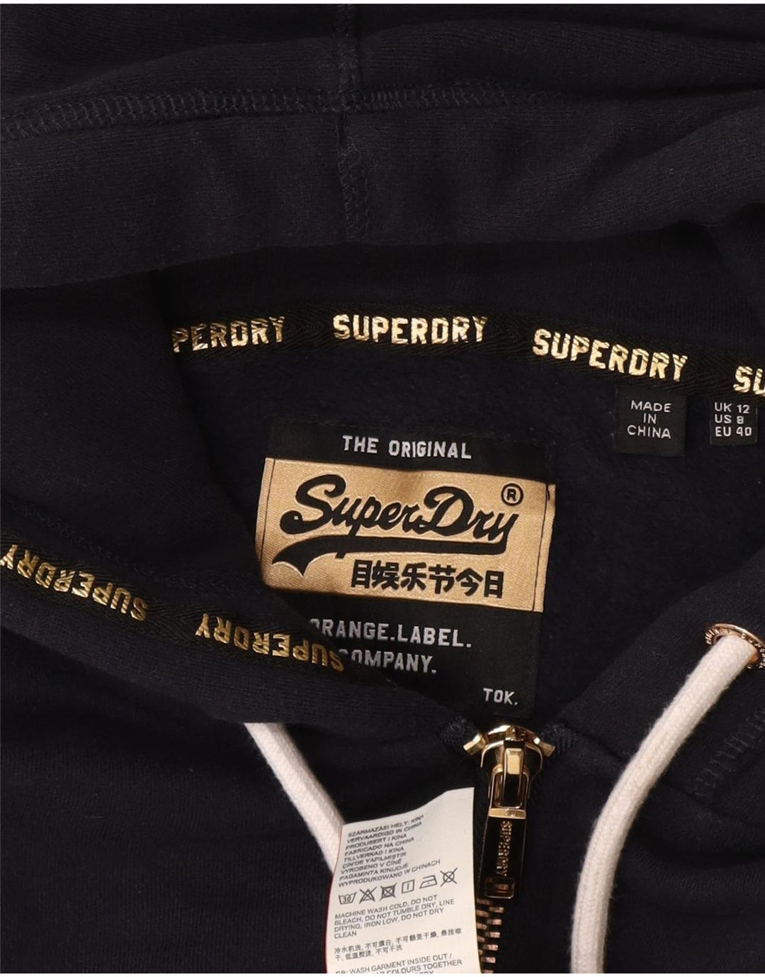 Superdry hættetrøje til kvinder med grafisk lynlås UK 12 Mellem marineblå bomuld