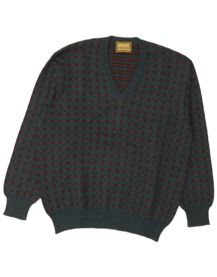 Il Granchio Herre V-hals sweater Medium Green Fair Isle Wool
