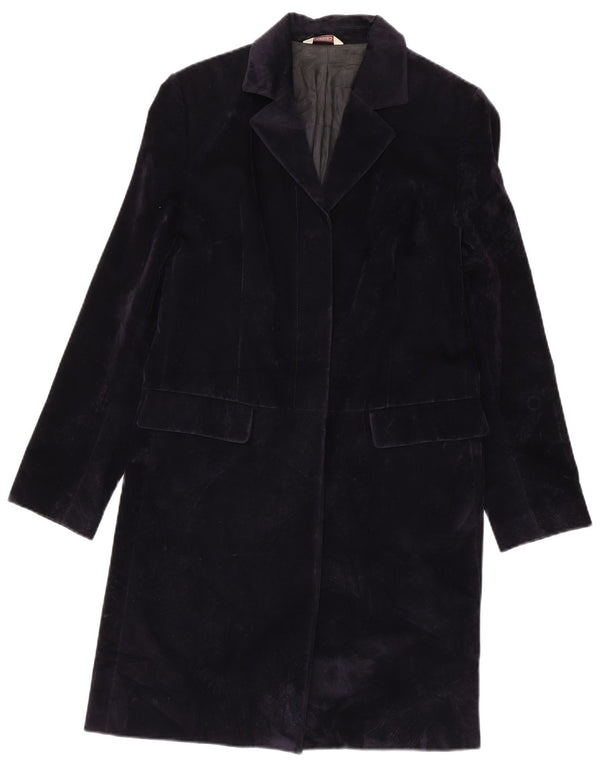 Stefanel Dame Velvet Overcoat UK 10 Small Navy Blue Bomuld