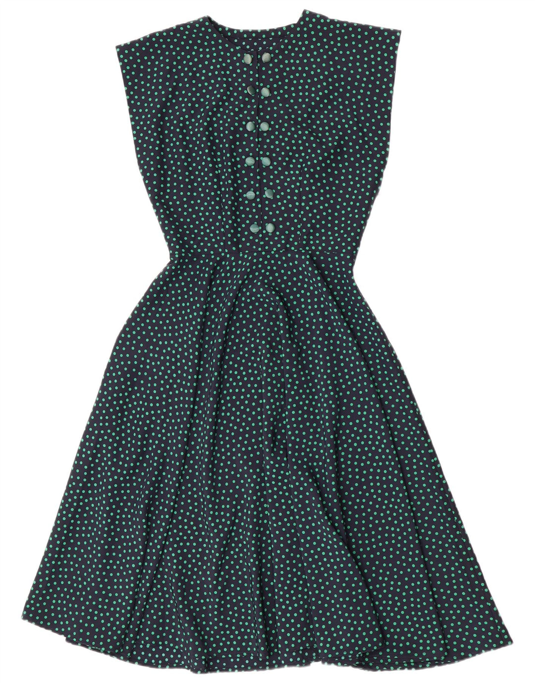 Vintage Dame A-Line Kjole UK 10 Small Navy Blue Polka Dot