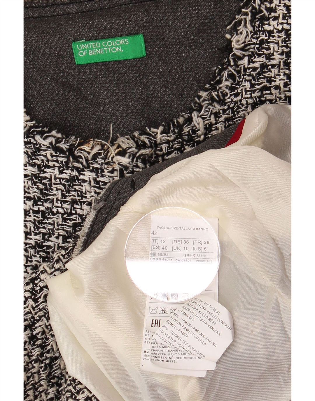 BENETTON Dame Crop Open Blazer Jacket UK 10 Small Grey Houndstooth