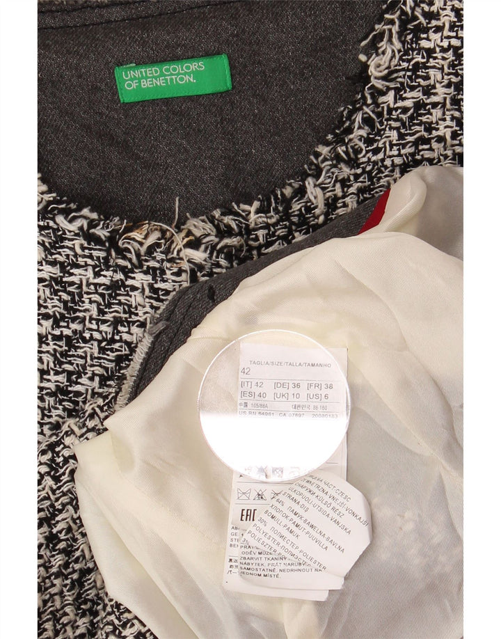 BENETTON Dame Crop Open Blazer Jacket UK 10 Small Grey Houndstooth