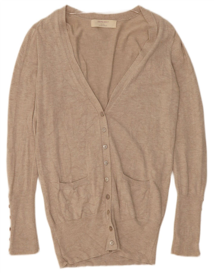 Zara Dame Cardigan Sweater UK 12 Medium Beige Rayon