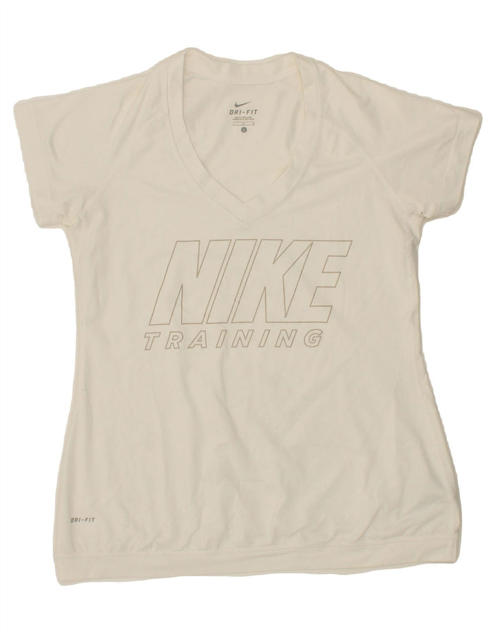 NIKE Womens Dri Fit Graphic T-Shirt Top UK 14 Large White Polyester Vintage Nike and Second-Hand Nike from Messina Hembry 