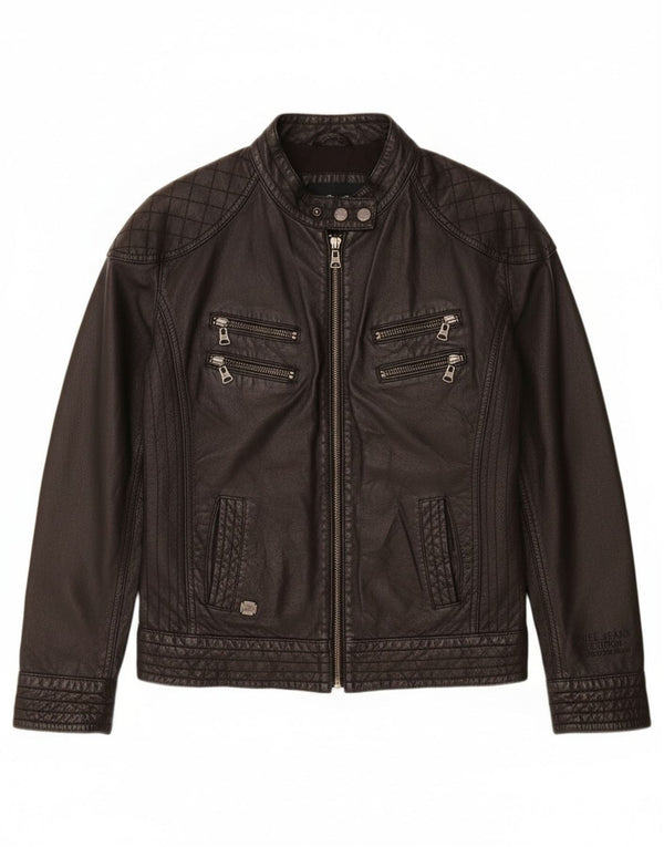 PEPE Jeans Dame Læder Biker Jacket UK 14 Medium Sort Læder