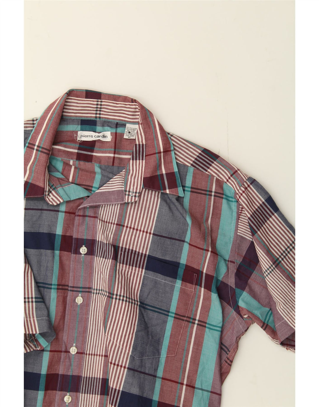 PIERRE CARDIN Mens Short Sleeve Shirt XL Multicoloured Check Polyester Vintage Pierre Cardin and Second-Hand Pierre Cardin from Messina Hembry 