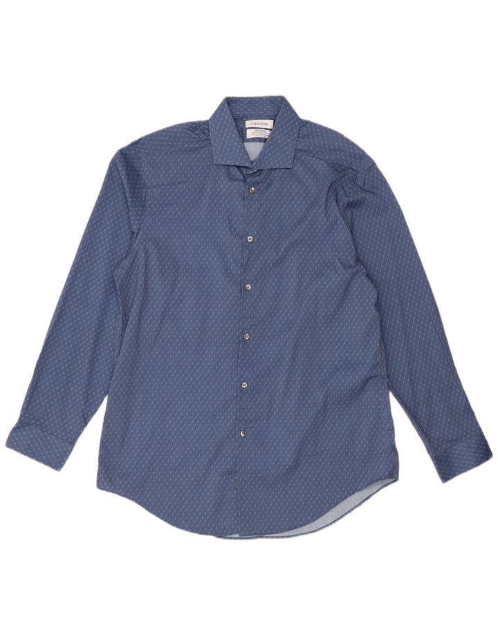 Calvin Klein Herre Slim Fit Skjorte Størrelse 16 1/2 Stor Blå Geometrisk Polyester