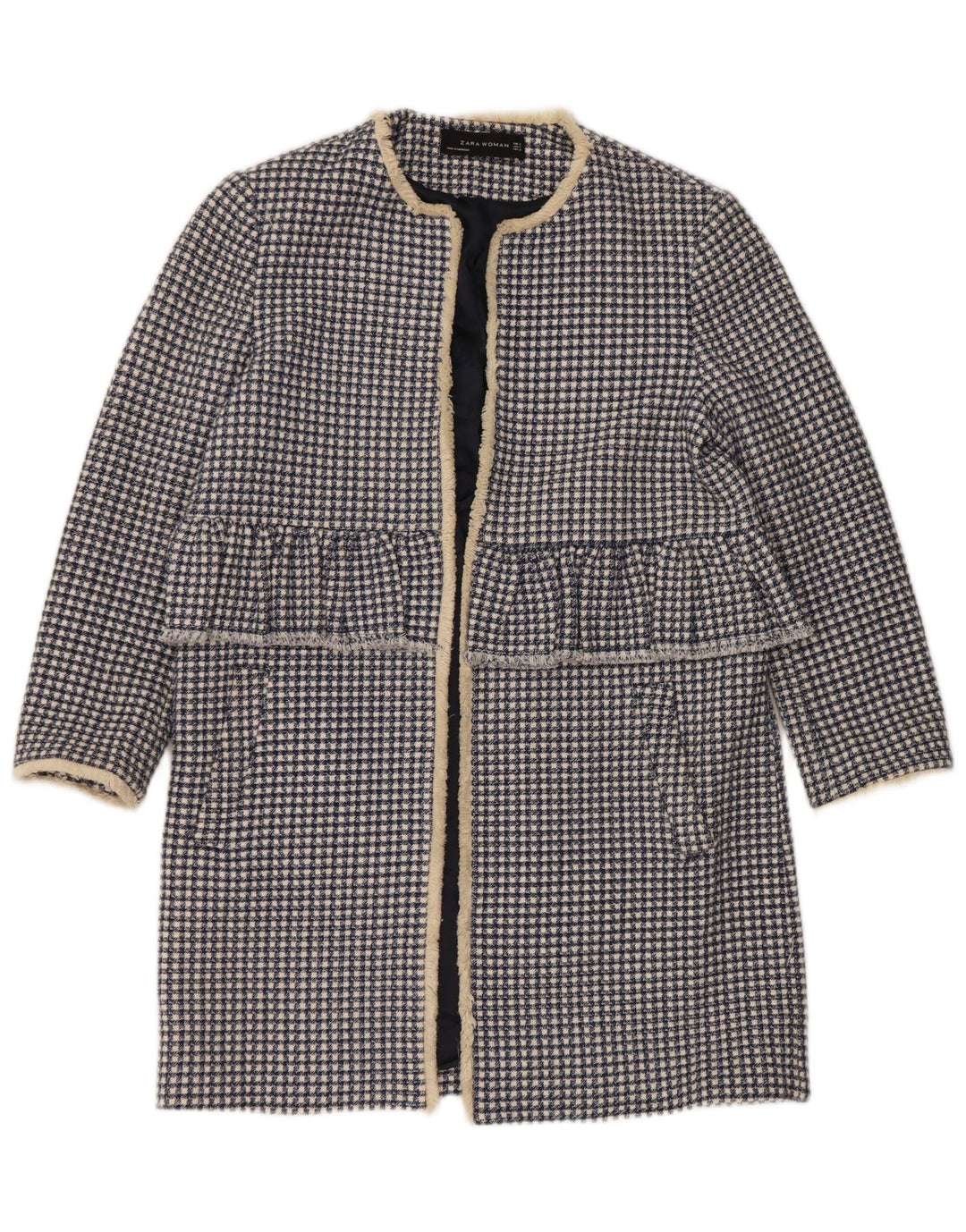 Zara Dame Oversized Åben Overfrakke UK 10 Small Blue Houndstooth Bomuld