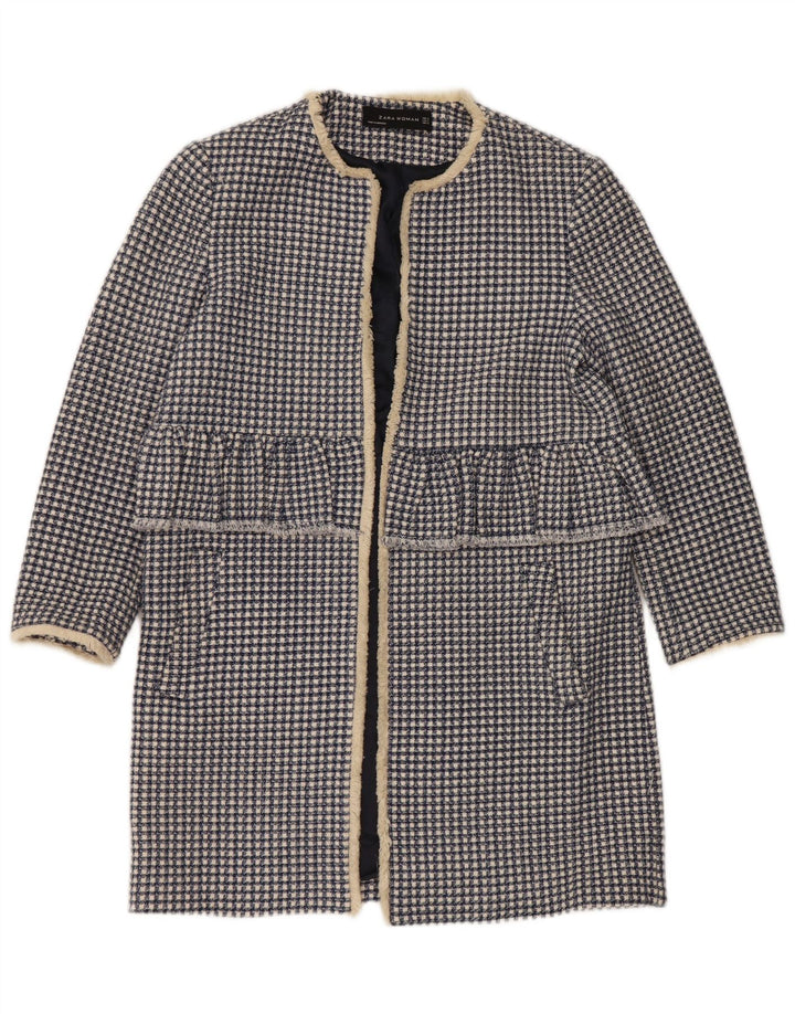 Zara Dame Oversized Åben Overfrakke UK 10 Small Blue Houndstooth Bomuld