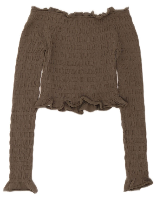 Zara Womens Crop Langærmet Off Shoulder Top UK 10 Small Khaki Viscose
