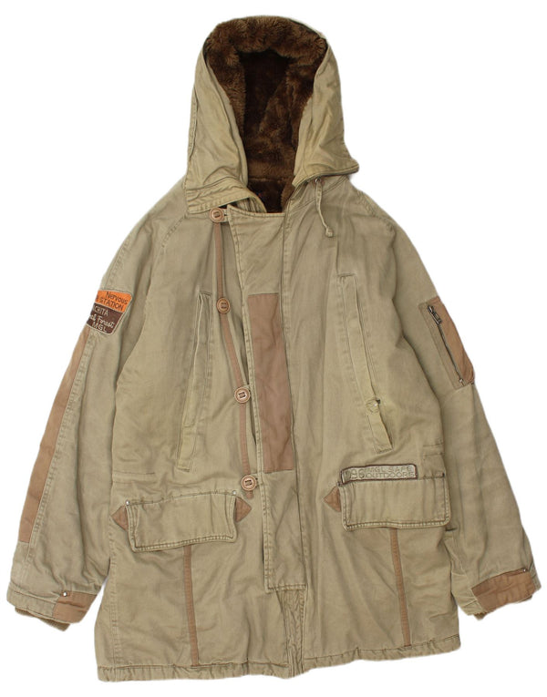 Vintage Herre Hooded Parka Jacket UK 42 XL Khaki Colourblock Bomuld