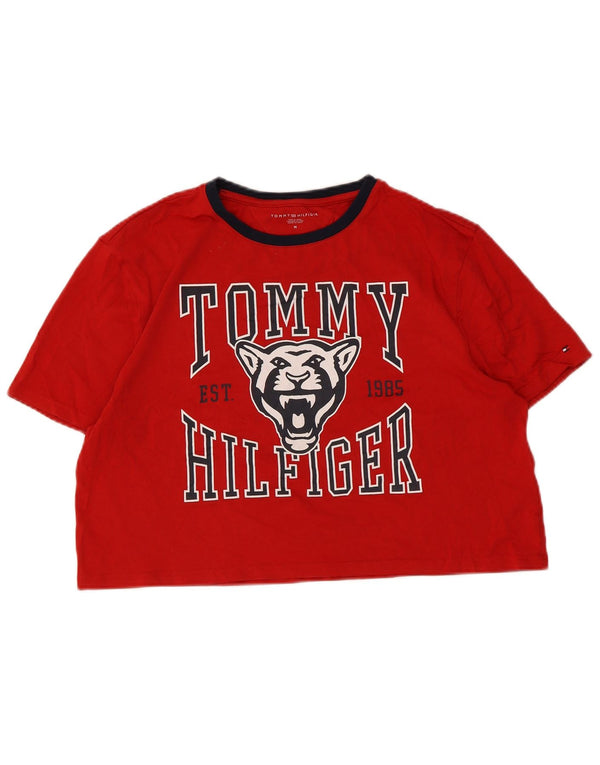Tommy Hilfiger Dame Crop Grafisk T-Shirt Top UK 14 Medium Rød Bomuld