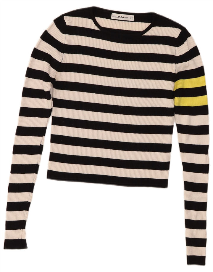 Zara Womens Crop Top Langærmet UK 10 Small Navy Blue Striped