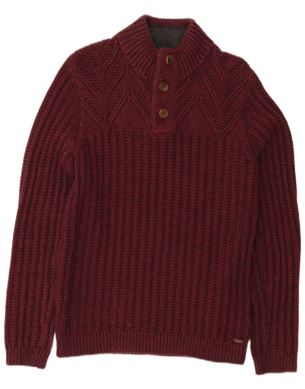 Ted Baker Herre Button Neck Jumper Sweater Størrelse 3 Medium Bourgogne Bomuld