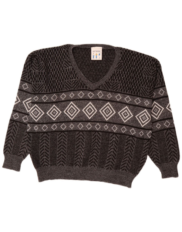 Vintage Herre V-hals sweater XL Grå Geometrisk akryl