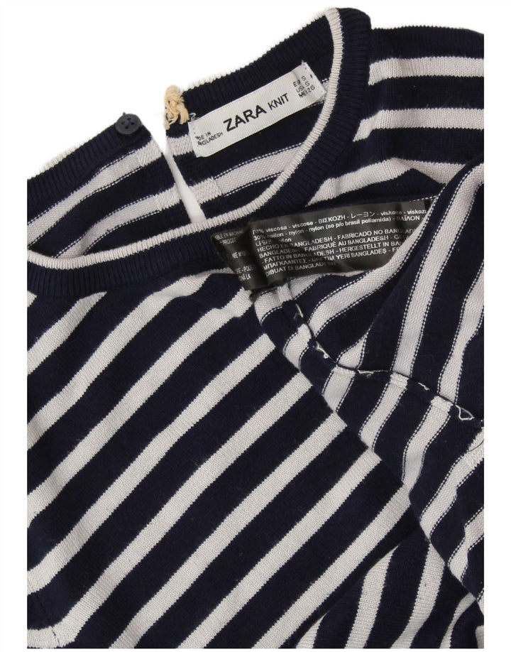 ZARA Womens Crop Crew Neck Jumper Sweater UK 10 Small Navy Blue Striped