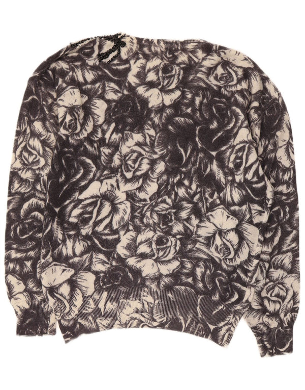 Vintage Dame Boat Neck Jumper Sweater UK 12 Medium Black Floral