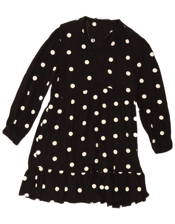 Zara Dame Langærmet Tiered Kjole UK 6 XS Sort Polka Dot Viscose