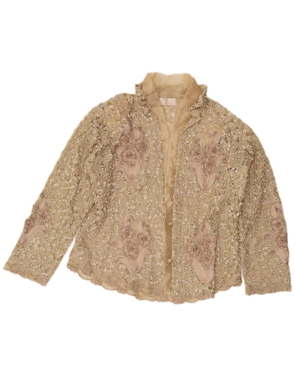 Vintage dame blonde skjorte bluse UK 16 store beige blomster silke