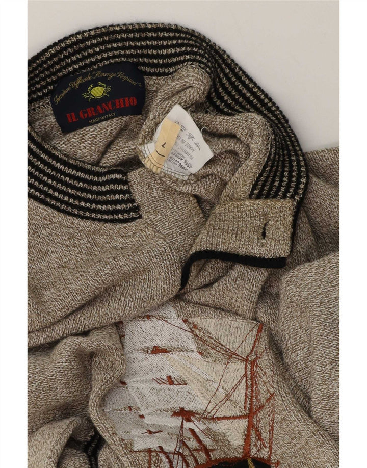 Il Granchio Herre Grafisk Button Neck Jumper Sweater Stor Khaki Flecked