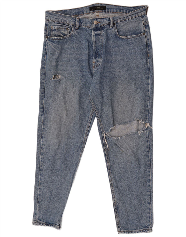 Zara Herre Distressed Tapered Jeans EU 46 XL W36 L29 Blå