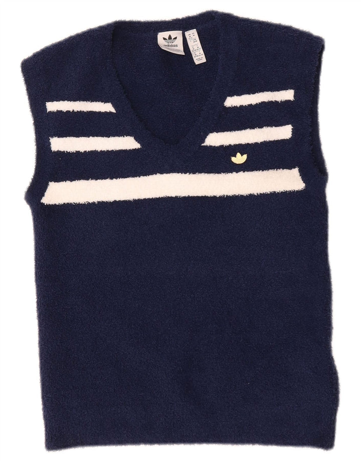 Adidas Dame Vest Tank Top UK 12 Medium Navy Blue Stribet Polyester