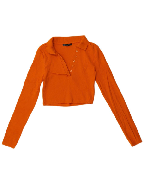 Zara Dame Crop Langærmet Polo Shirt UK 8 Small Orange