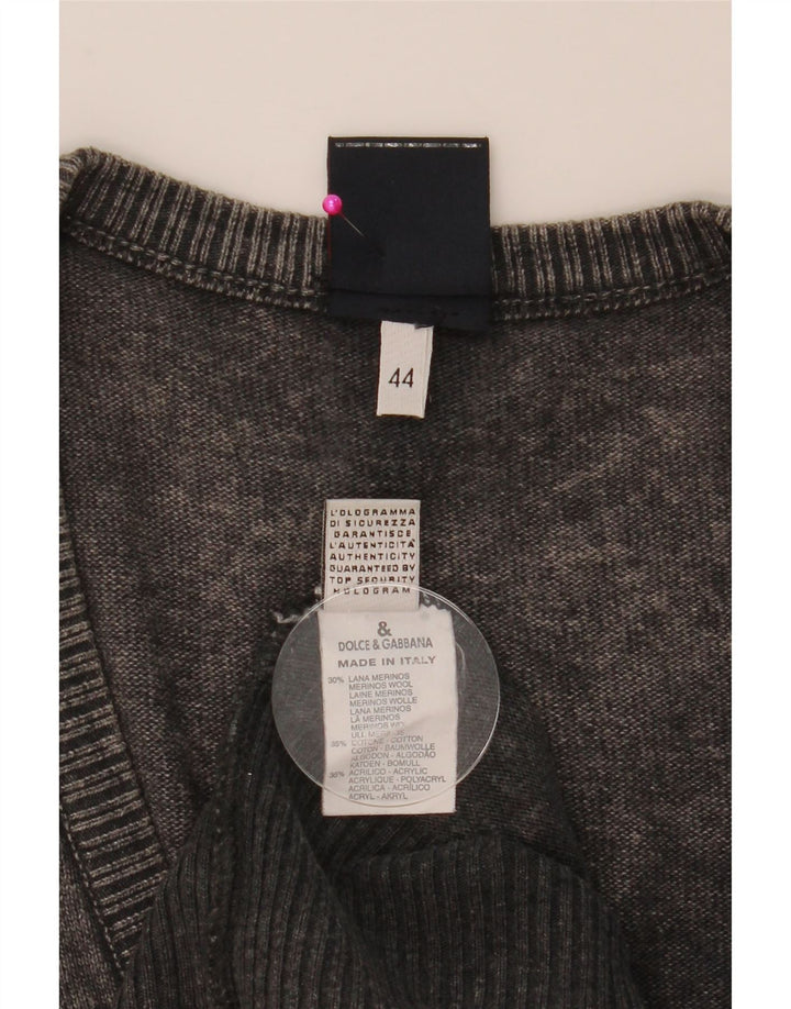 Dolce & Gabbana Dame Grafisk V-hals sweater IT 44 Medium Grey Uld