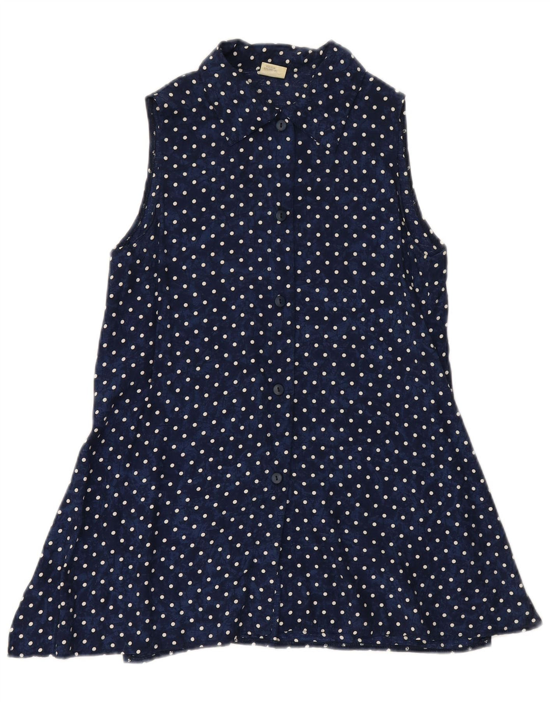 VINTAGE ærmeløs skjortebluse til kvinder EU 34 XS Marineblå Polka Dot
