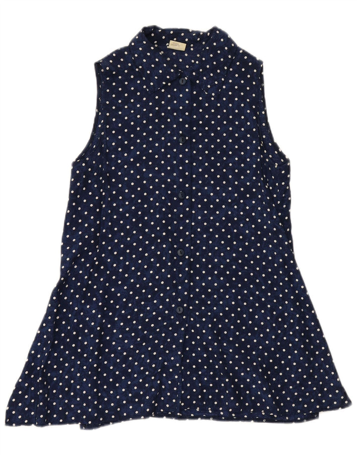 VINTAGE ærmeløs skjortebluse til kvinder EU 34 XS Marineblå Polka Dot
