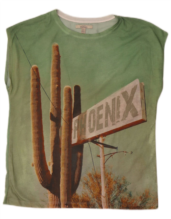 ZARA Womens Trafaluc Oversized Graphic Vest Top UK 10 Small Green