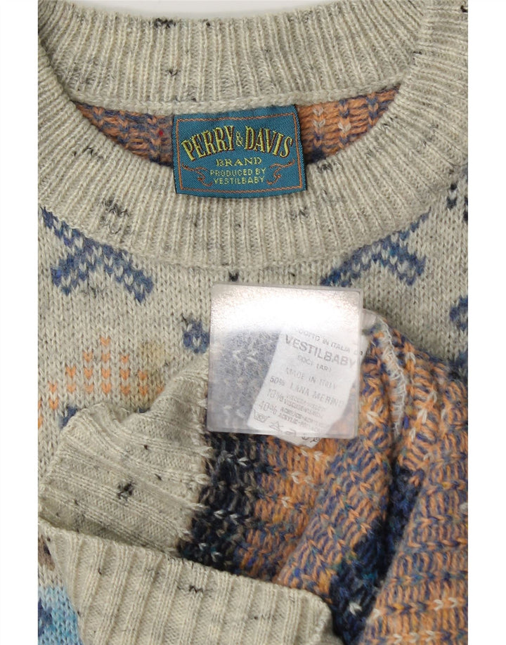 Vintage Herre Boat Neck Jumper Sweater Medium Grey Geometrisk Uld