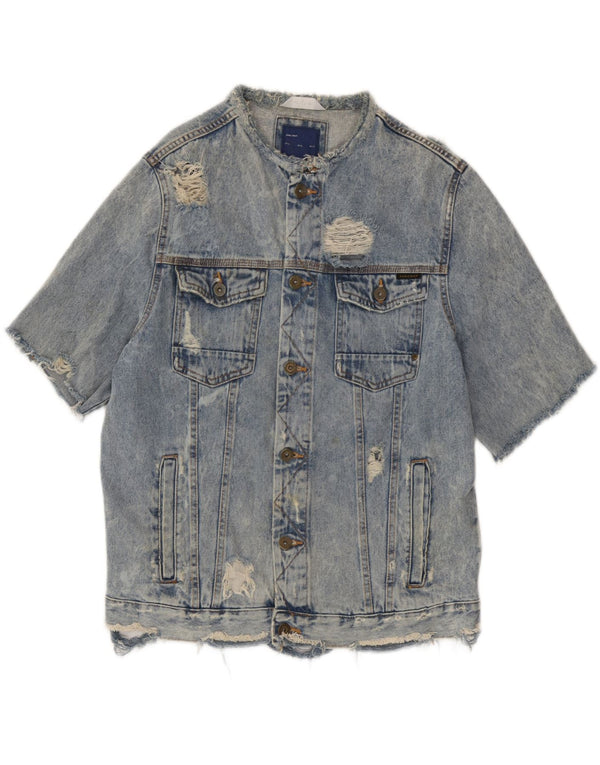 Zara Herre nødlidende kortærmet denimjakke UK 42 XL Blå Bomuld