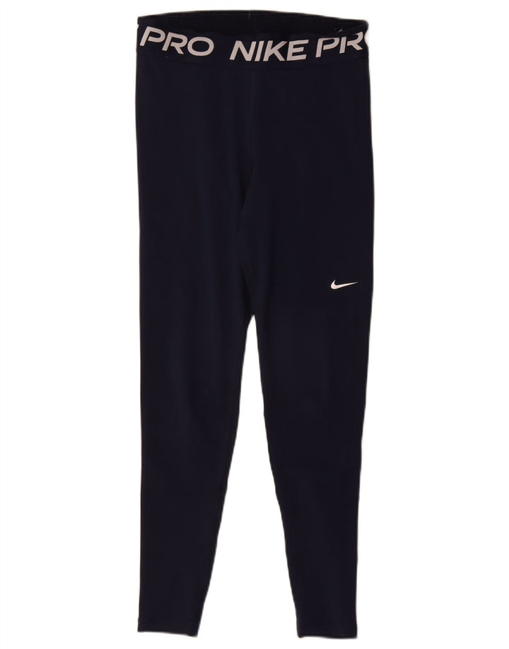Nike Dame Dri Fit Grafiske Leggings UK 12 Medium Navy Blue Polyester