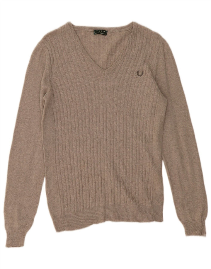 FRED PERRY Dame V-hals sweater UK 12 Medium Grey Uld