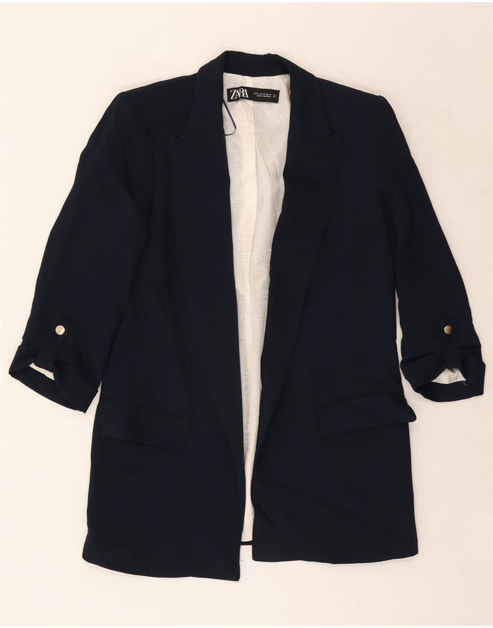 Zara Dame 3/4 ærmet åben blazerjakke UK 6 XS marineblå polyester