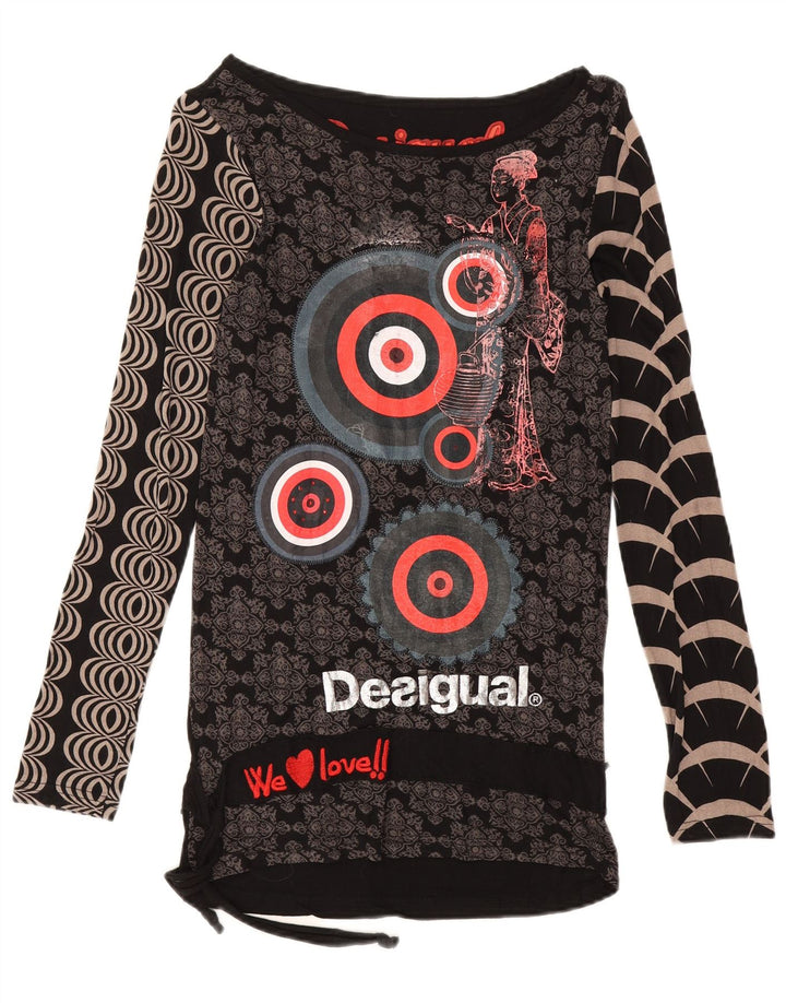 Desigual Dame Grafisk Top Langærmet UK 12 Medium Sort Viscose