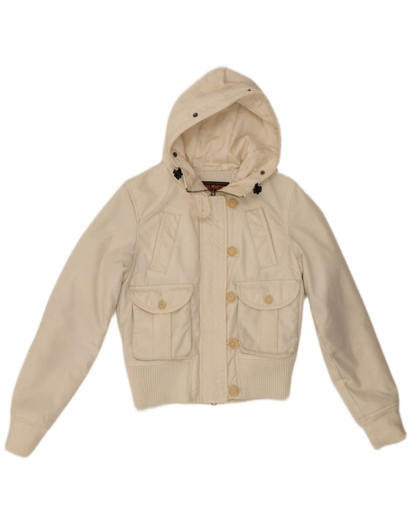 Woolrich Dame Hooded Bomber Jacket UK 10 Small Off White Nylon