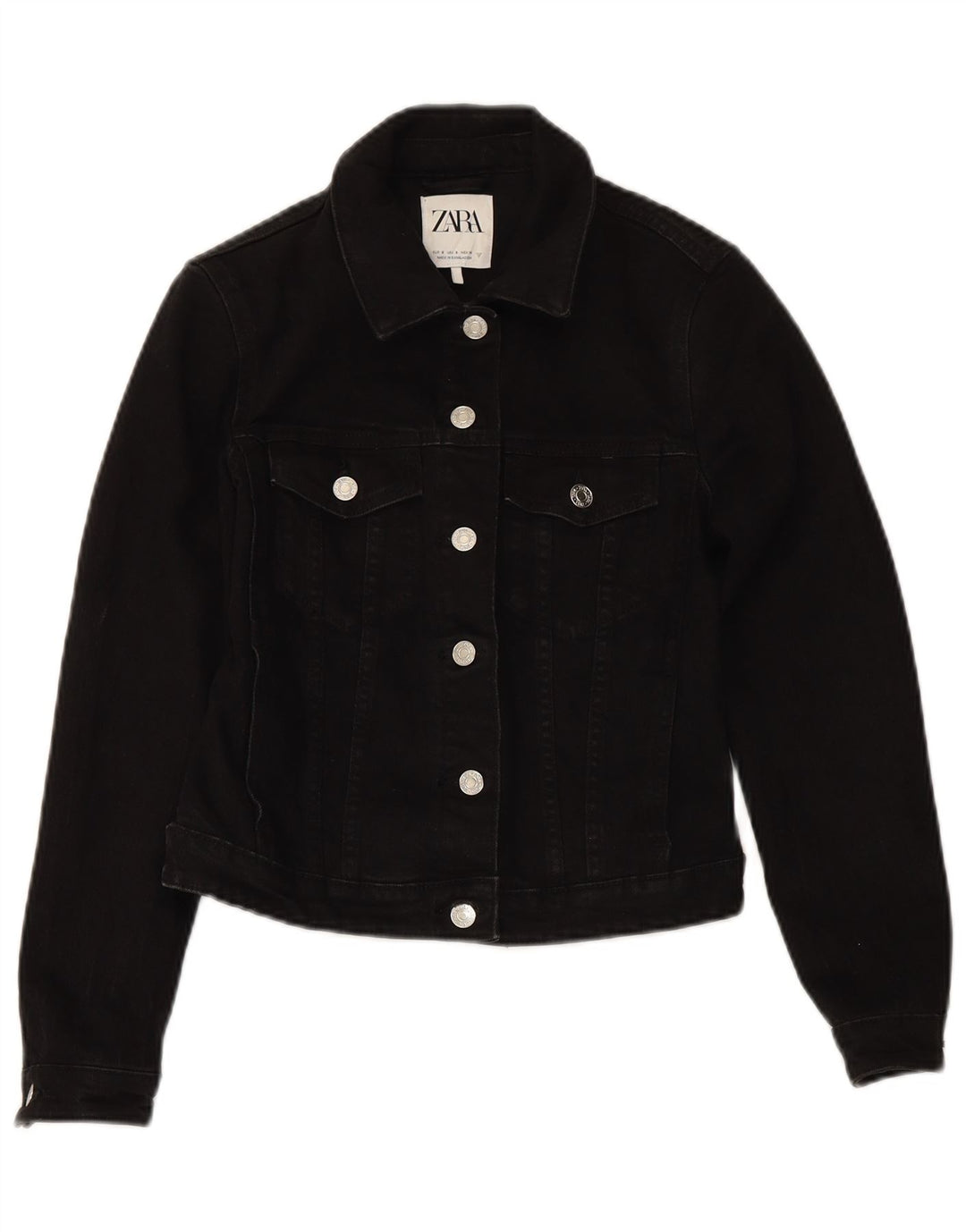 ZARA Dame Crop Denim Jacket UK 10 Small Black Bomuld