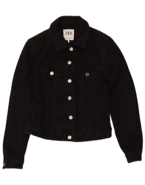ZARA Dame Crop Denim Jacket UK 10 Small Black Bomuld