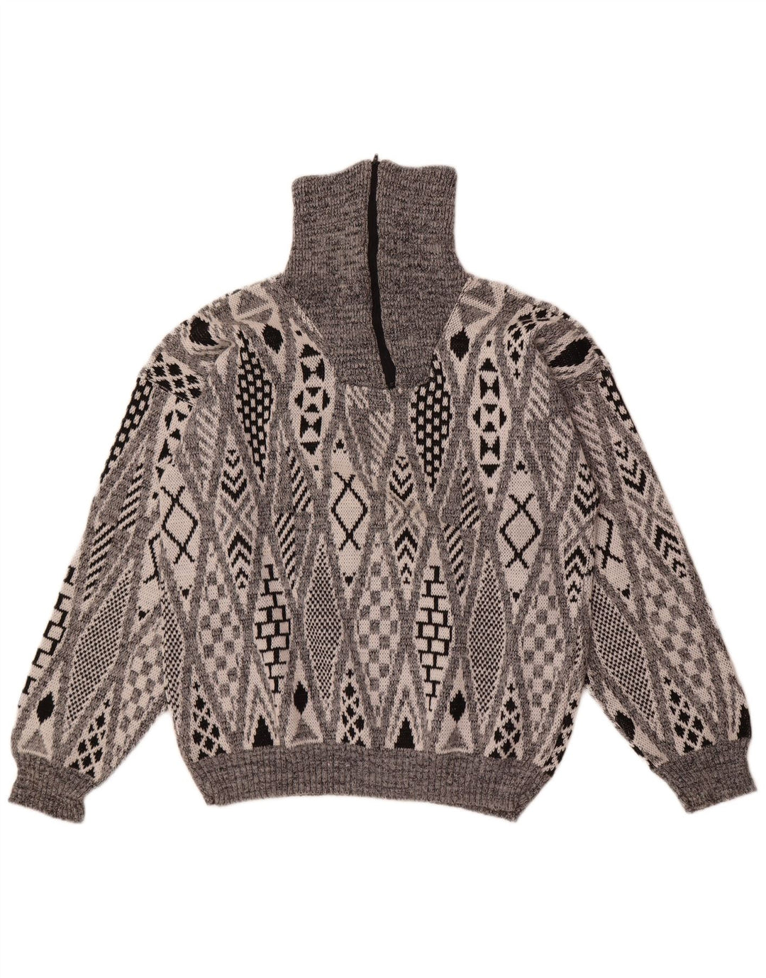 Vintage herre lynlås-hals sweater stor grå geometrisk akryl