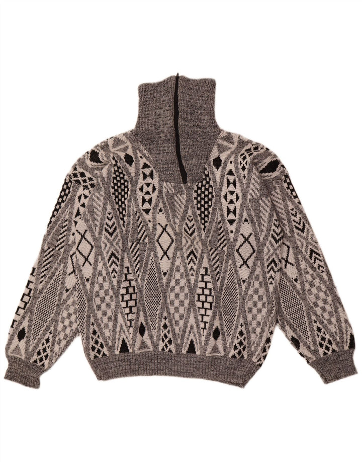 Vintage herre lynlås-hals sweater stor grå geometrisk akryl