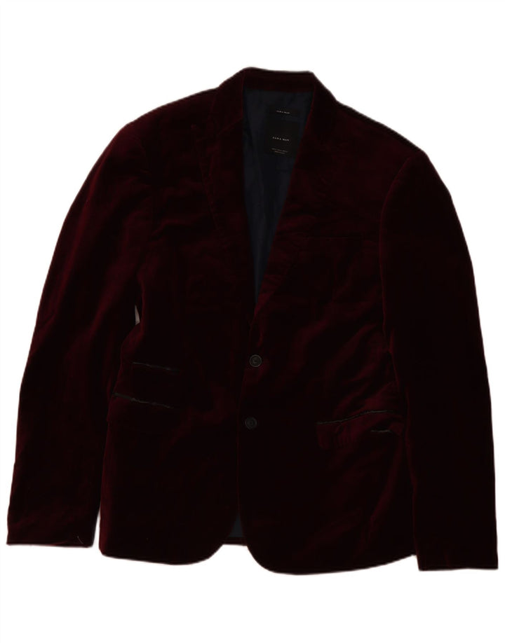 Zara Herre 2 Button Velvet Blazer Jacket EU 52 Large Burgundy