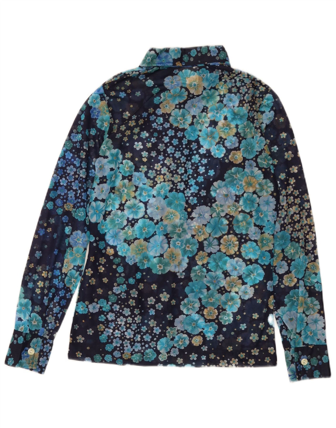 VINTAGE skjortebluse til kvinder UK 10 Lille marineblå blomsterpolyamid