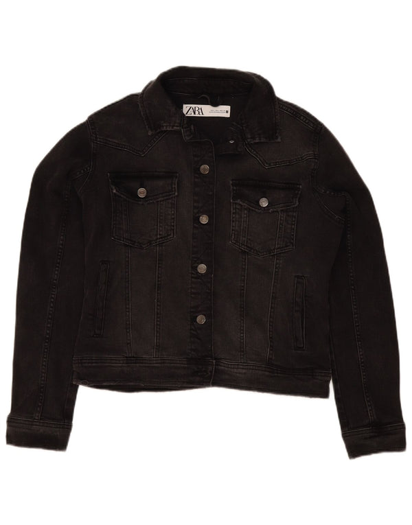 Zara Womens Crop Denim Jacket UK 16 Large Black Bomuld