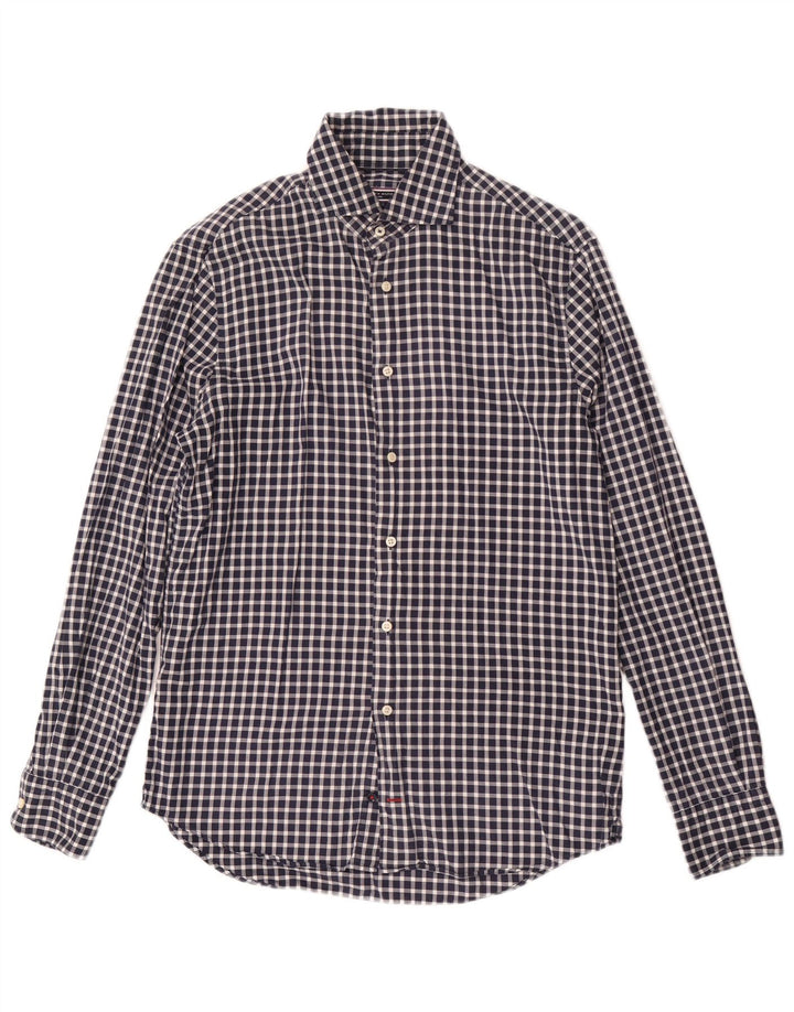 Tommy Hilfiger Herre Fitted Shirt Størrelse 38 15 Medium Navy Blue Gingham Cotton