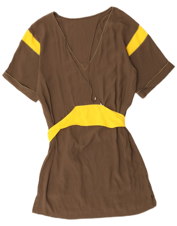 Vintage Kvinders Kortærmede Tunikakjole UK 16 Stor Brun Colourblock